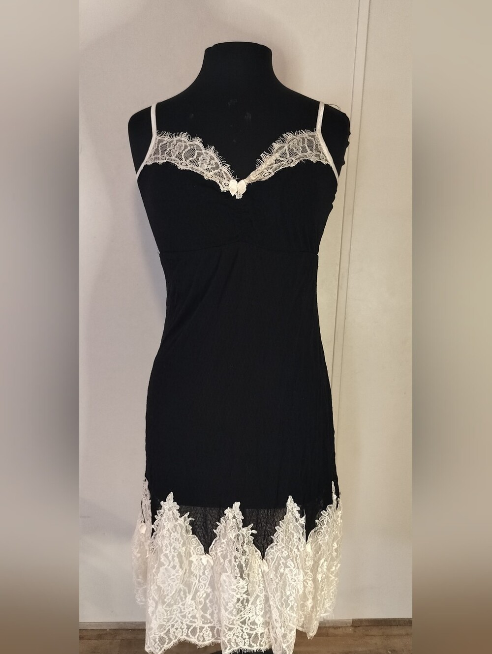 Black Slip Dress with White Lace Trim - Elegant Women's Chemise